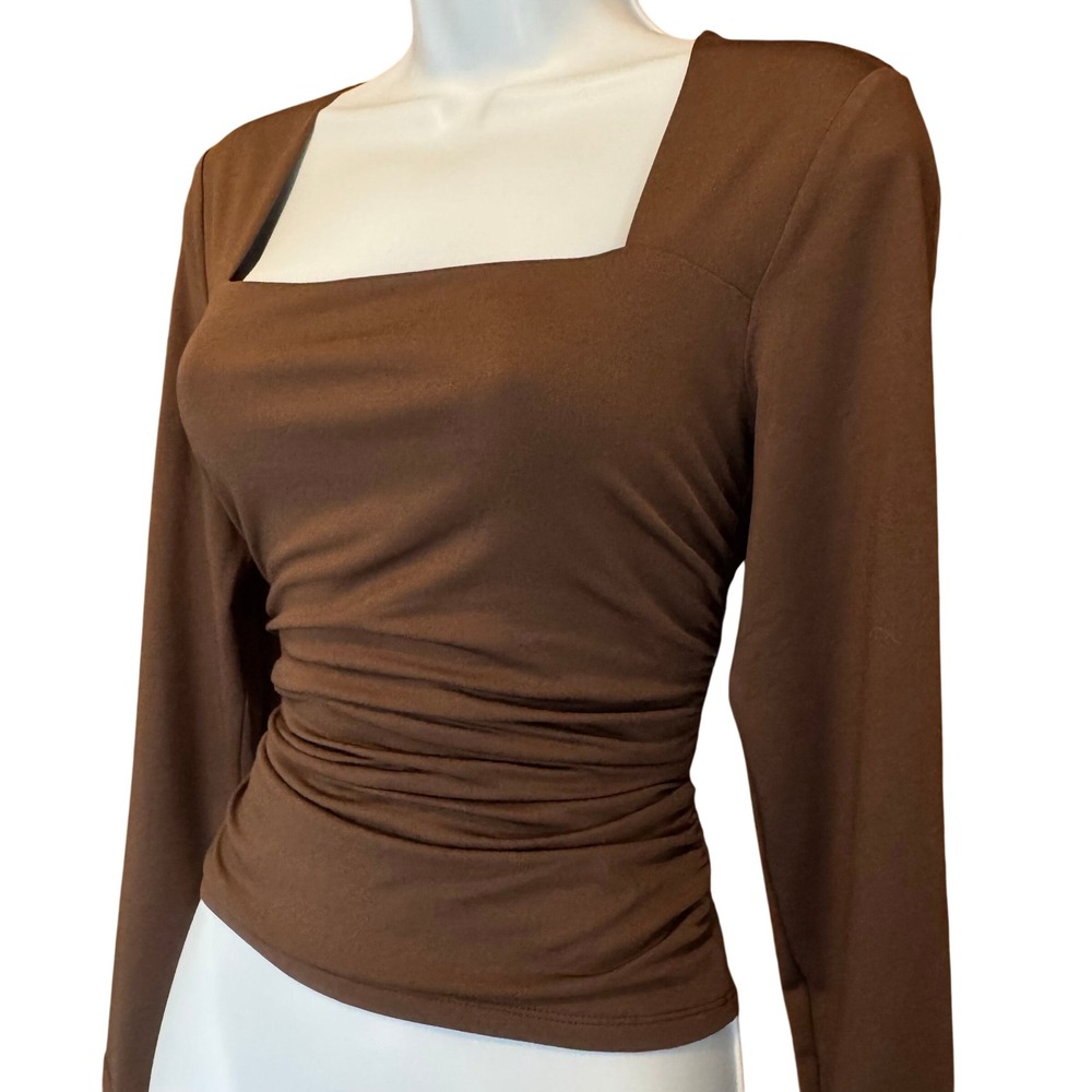 Ruched Square Neck Top L Envie Brown Long Sleeve Fitted Y2K Bratz Neutral Earthy - Picture 2 of 6